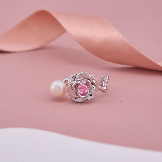 Silver Rose Ring with Pink Gem & Pearl