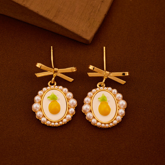 Pineapple Pearl Drop Earrings with Bow Accent