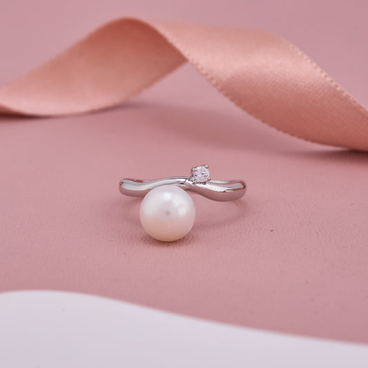 Silver Pearl Ring with Crystal Accent