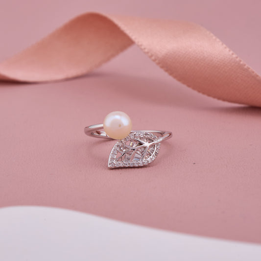 Pearl and Crystal Leaf Silver Ring
