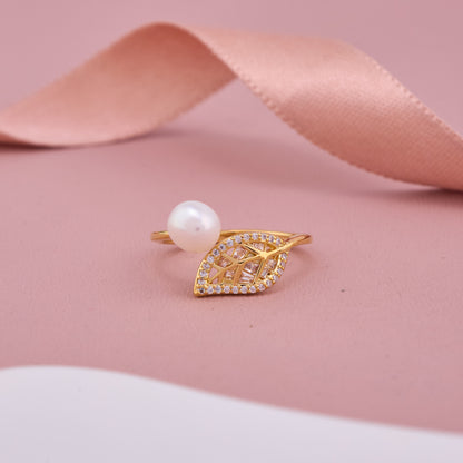 Gold Pearl and Crystal Leaf Ring