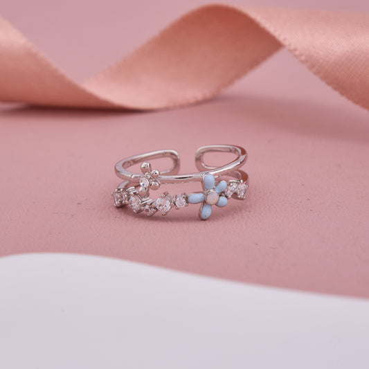 Blue Enamel Flower and Crystal Silver Ring