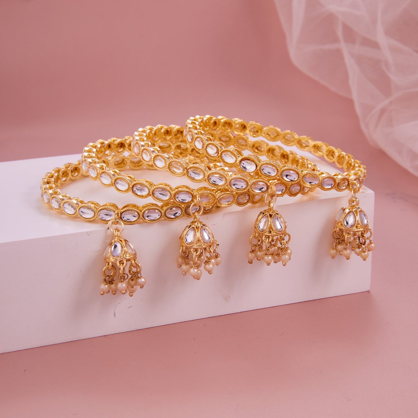Gold-Plated Oval Shape Kundan Jhumki Bangle Set (Set of 4)