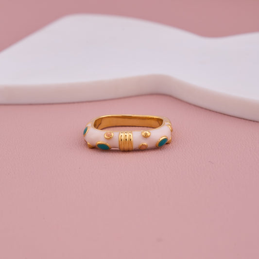 Gold Ring with White Enamel and Green Accents