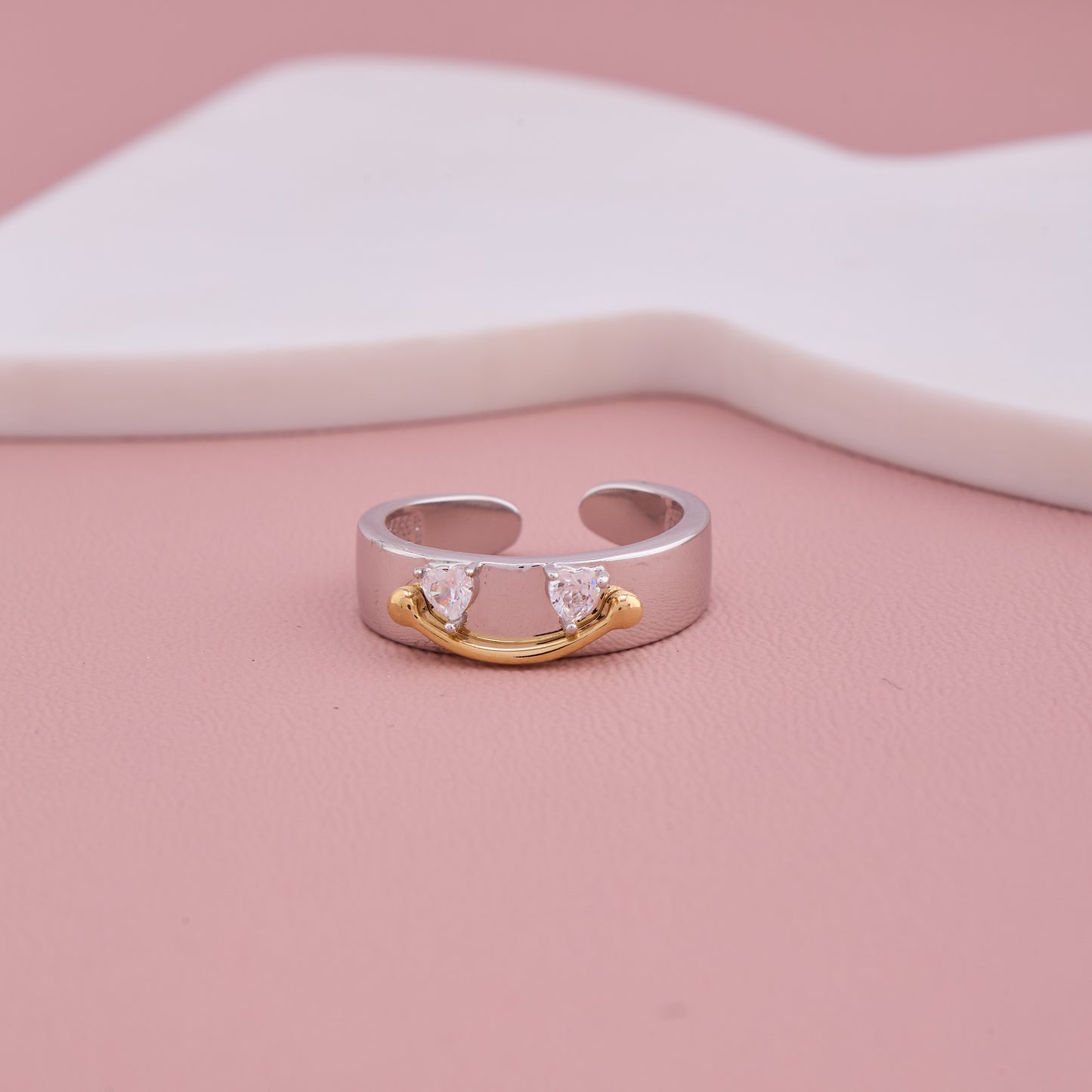 Adjustable Silver Band Ring with Gold Detail and Crystals
