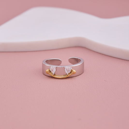 Adjustable Silver Band Ring with Gold Detail and Crystals