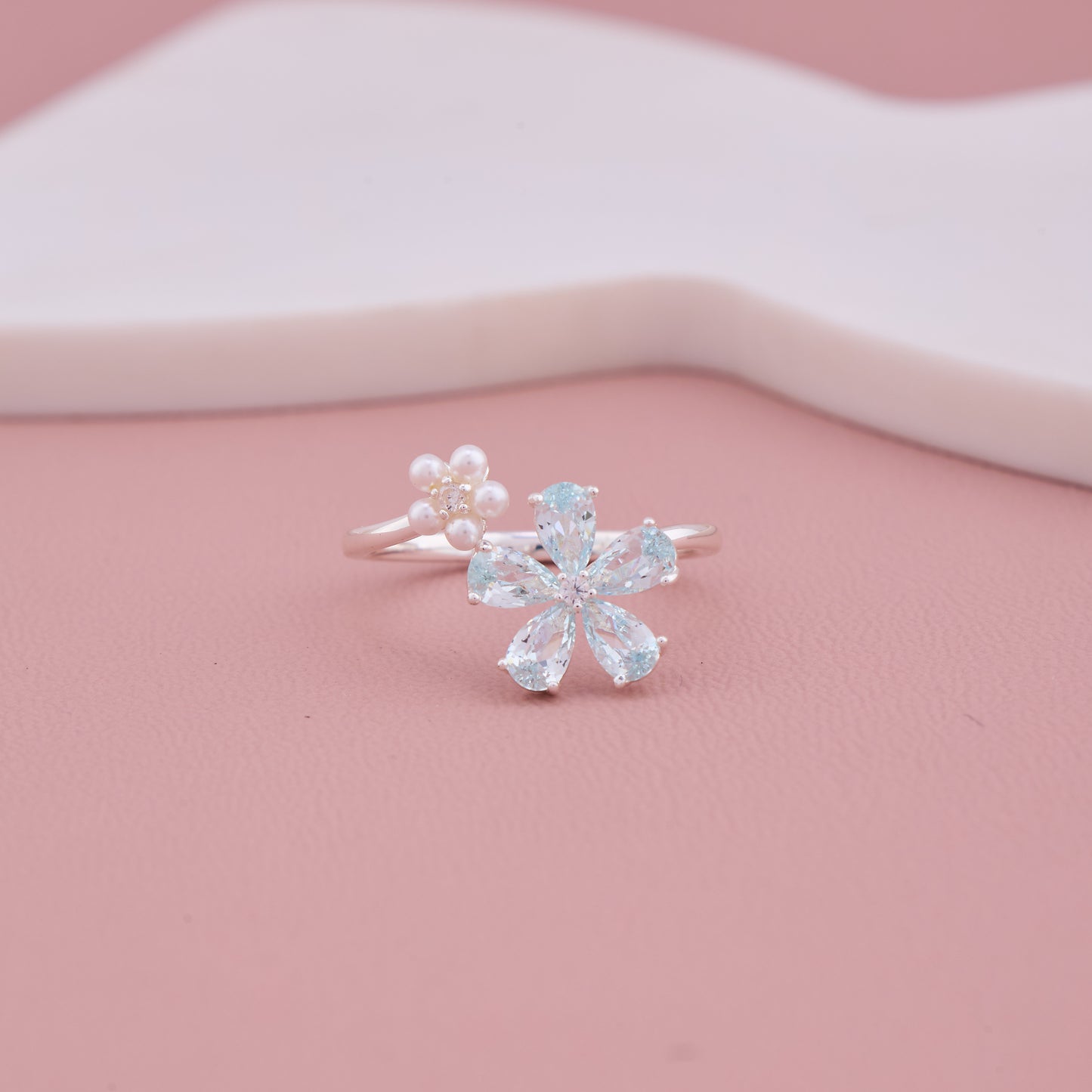 "Silver Ring with Blue Crystal Butterfly and Pearl Flowers