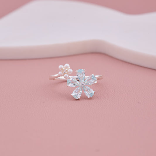 "Silver Ring with Blue Crystal Butterfly and Pearl Flowers
