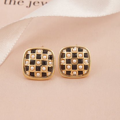 Gold Earrings with Black & White Stones