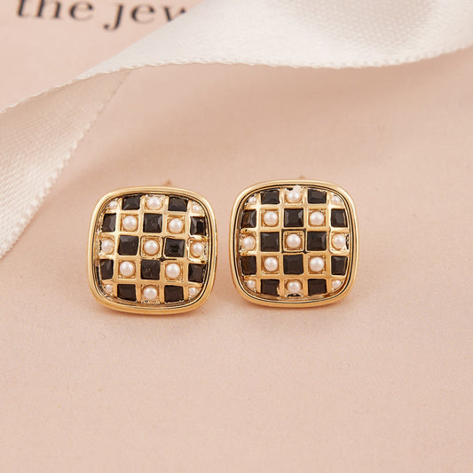 Gold Earrings with Black & White Stones