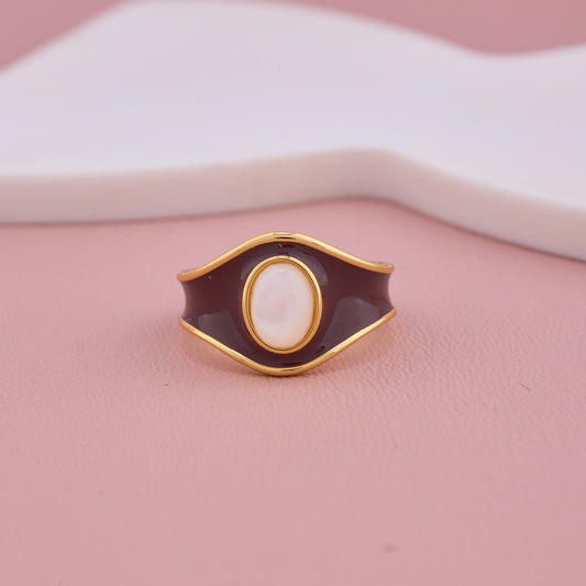 Gold Ring with Brown Enamel and White Oval Center
