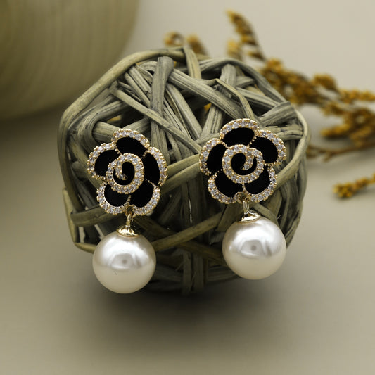 Black Rose Pearl Drop Earrings