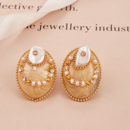 Beige Oval Stud Earrings with Pearl and Gold Bead Detailing