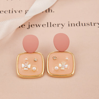 Peach Square Drop Earrings with Floral and Pearl Accents