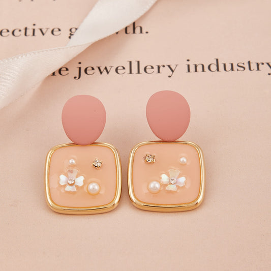 Peach Square Drop Earrings with Floral and Pearl Accents
