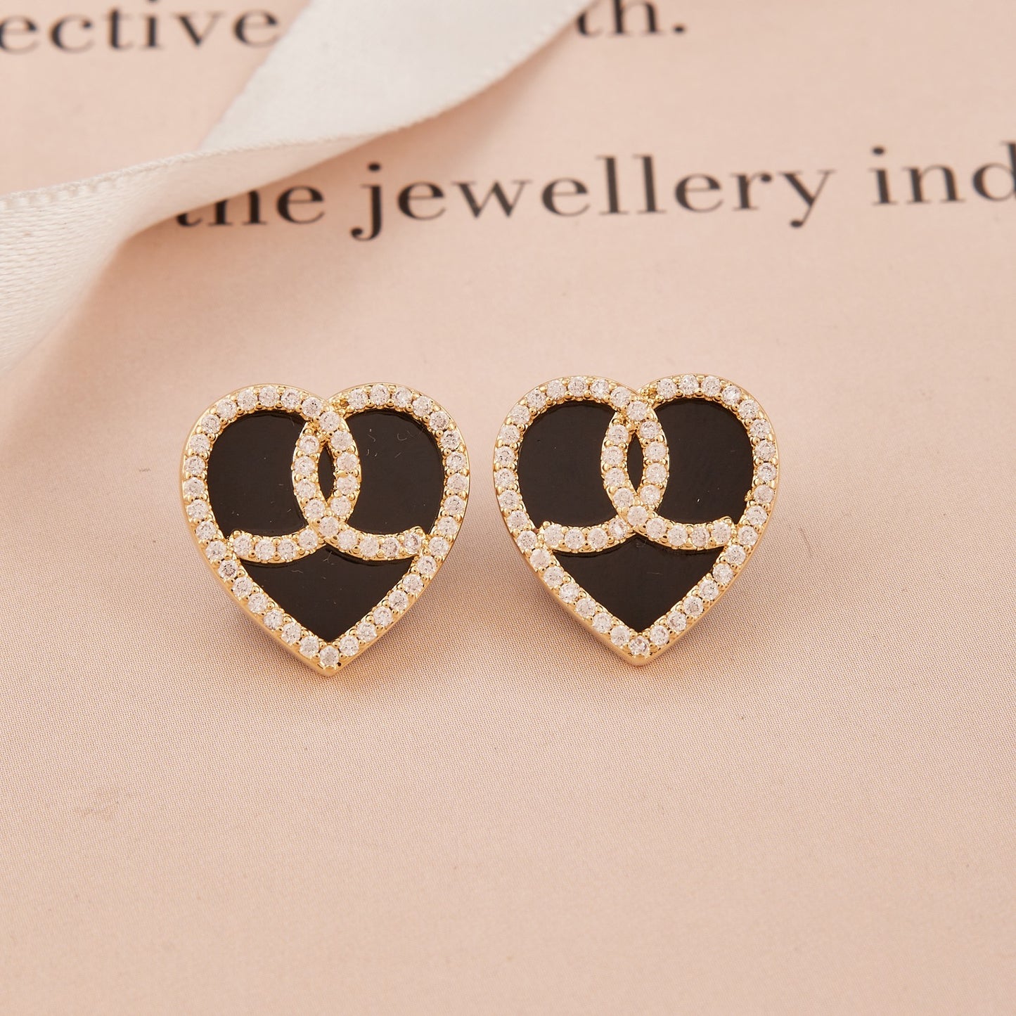 Black Heart Stud Earrings with Interlocked Crystal Accents