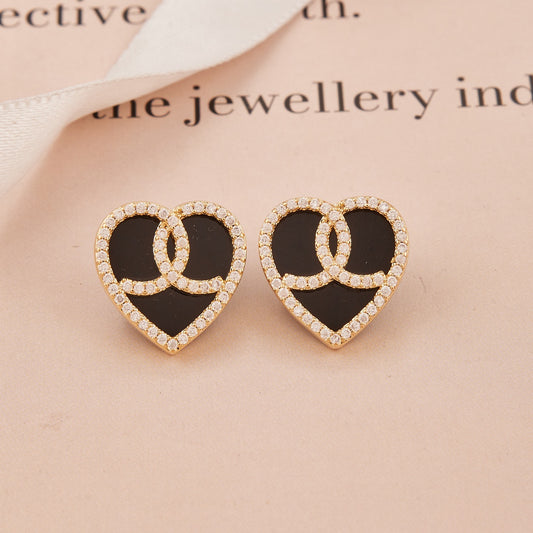 Black Heart Stud Earrings with Interlocked Crystal Accents