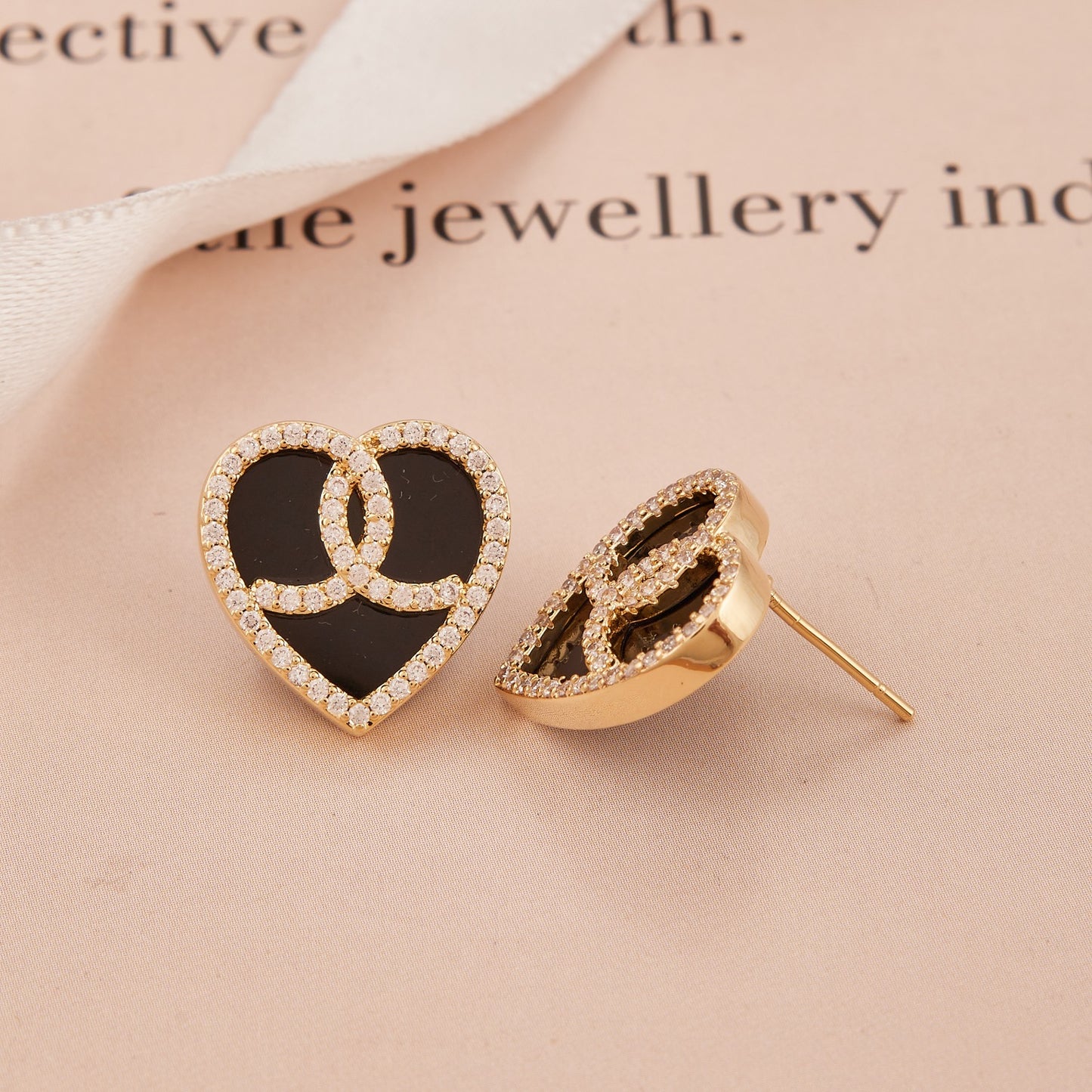 Black Heart Stud Earrings with Interlocked Crystal Accents