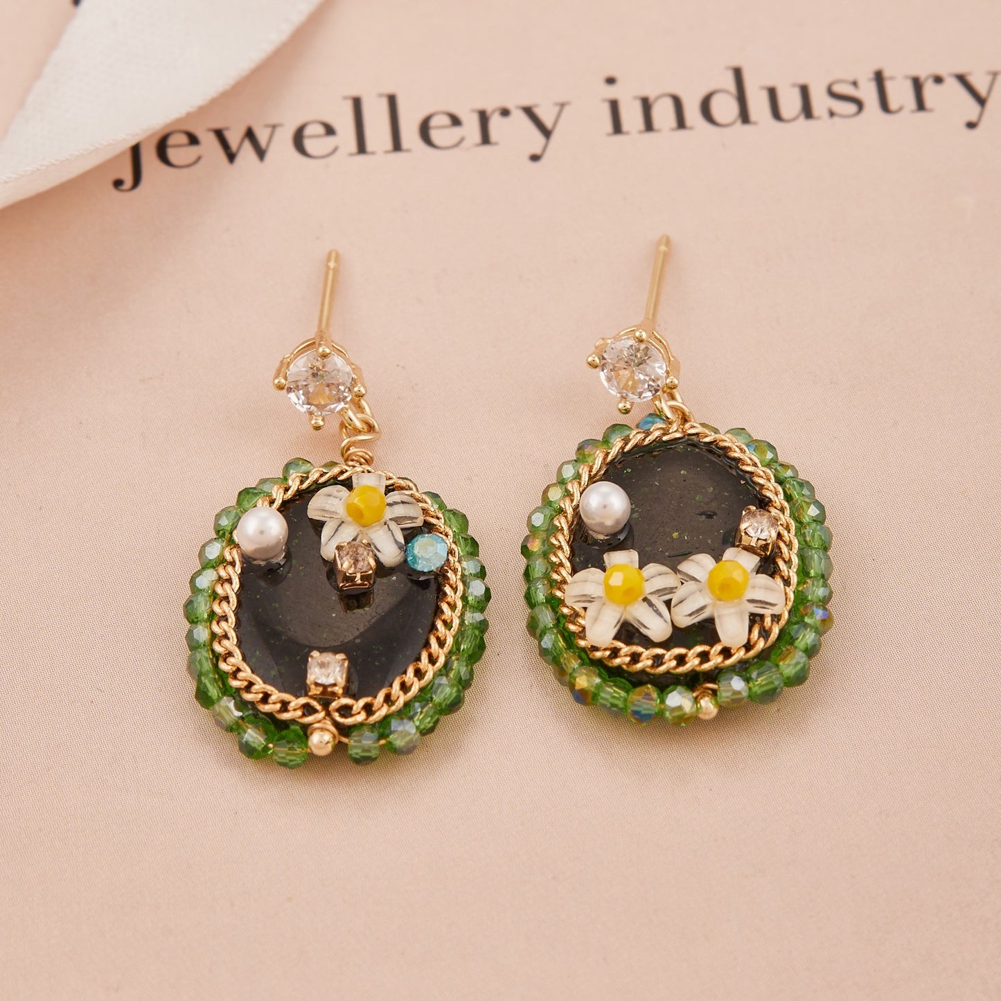 Green Beaded Oval Drop Earrings with Floral Accents and Crystal Stud