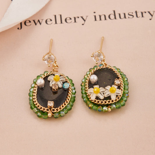 Green Beaded Oval Drop Earrings with Floral Accents and Crystal Stud