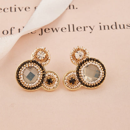 Triple Circle Stud Earrings with Crystal Accents and Beaded Detailing