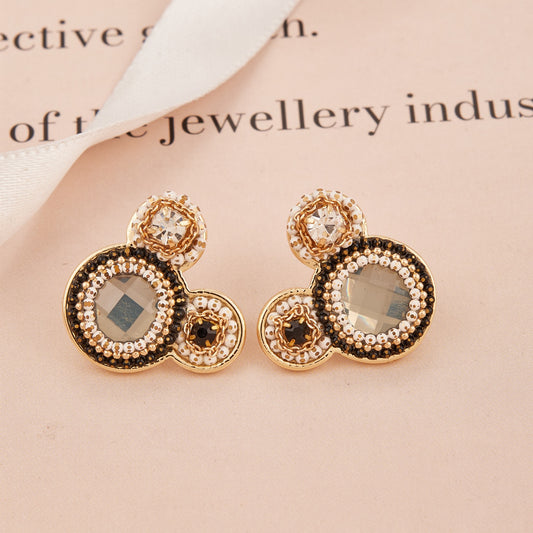 Triple Circle Stud Earrings with Crystal Accents and Beaded Detailing