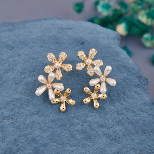 Floral Cluster Earrings with Pearls and Crystal Studded Petals