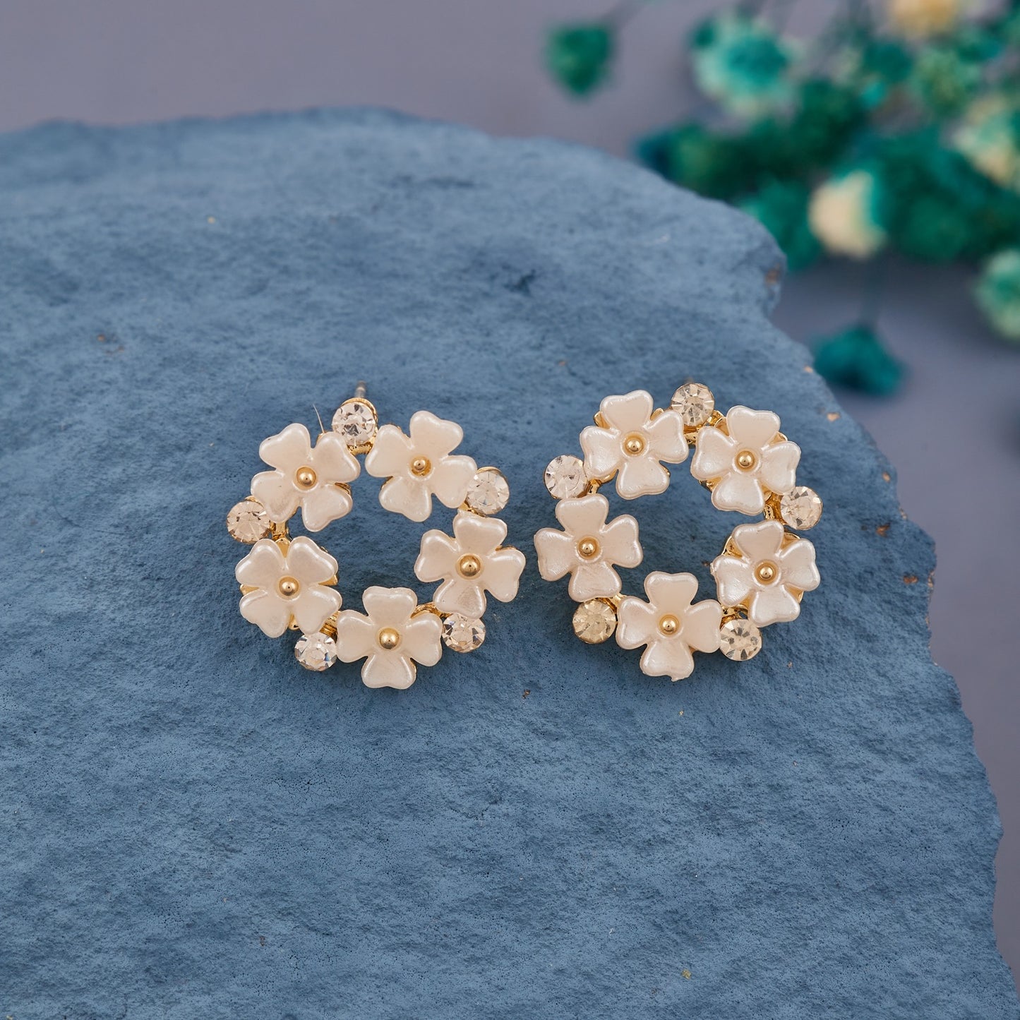 Ivory Floral Stud Earrings with Crystal Accents