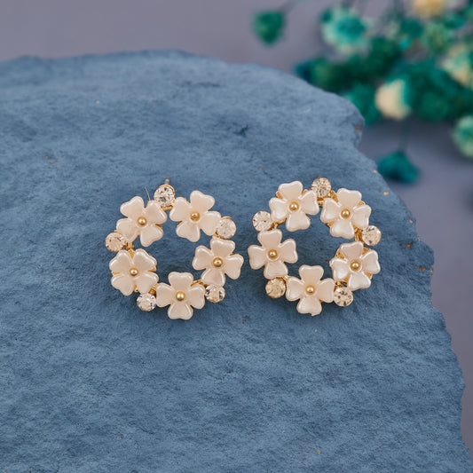Ivory Floral Stud Earrings with Crystal Accents