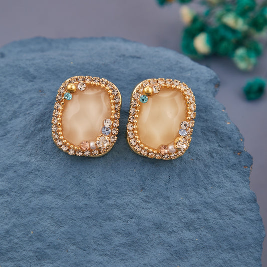 Gold-Toned Irregular Stud Earrings with Beige Stone & Crystal Accents
