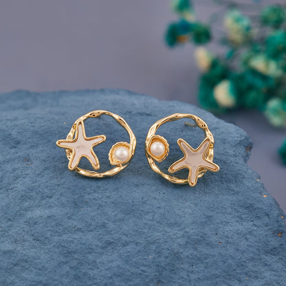 Golden Starfish Hoop Earrings with Pearl Accent