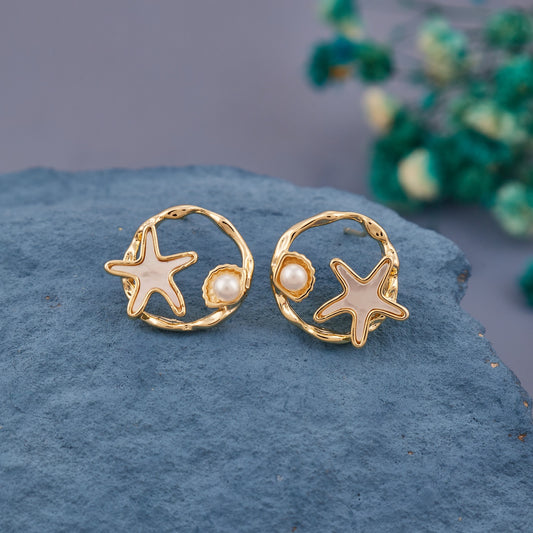 Golden Starfish Hoop Earrings with Pearl Accent