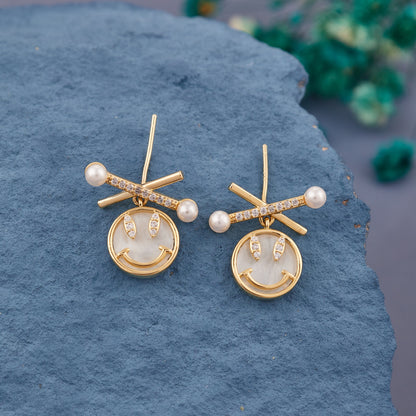 Golden Pearl & Crystal Stud Earrings with Modern Circular Design