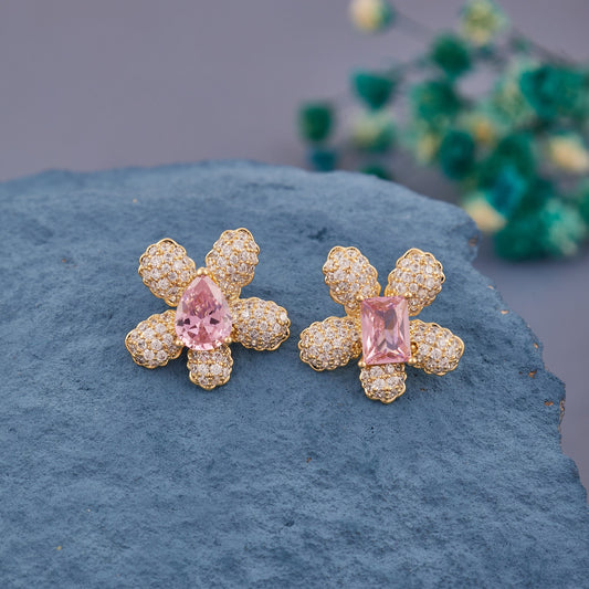 Gold-Plated Floral Stud Earrings with Pink Gemstone Center