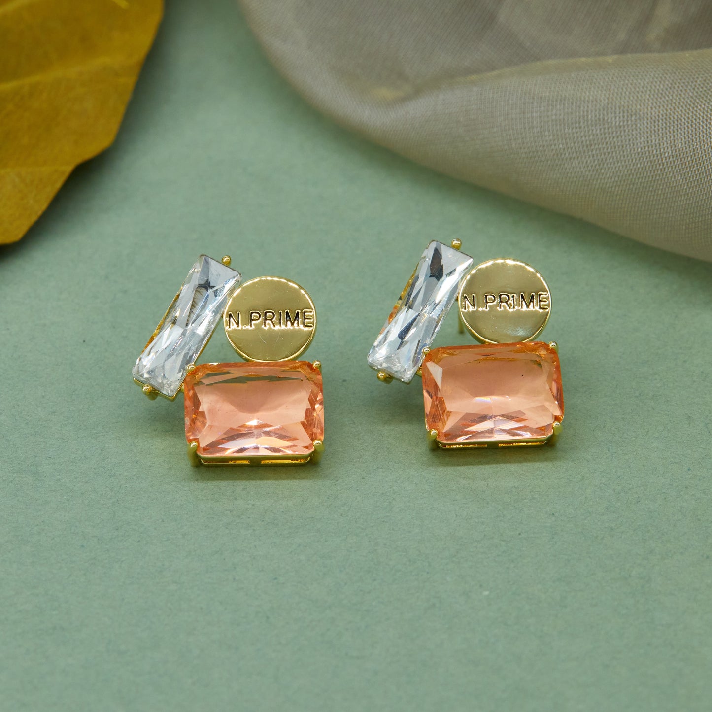 N.PRIME Square Duo Earrings Bold Design, Gemstone Glam