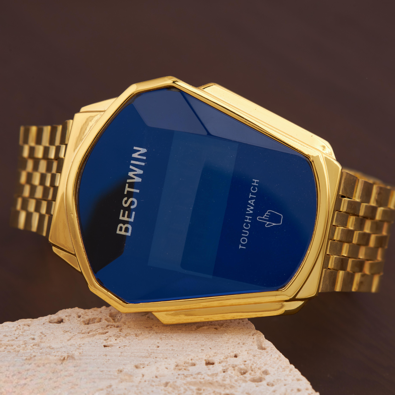 Men’s Gold-Toned Digital Watch with Blue Dial