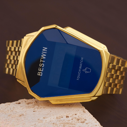 Men’s Gold-Toned Digital Watch with Blue Dial
