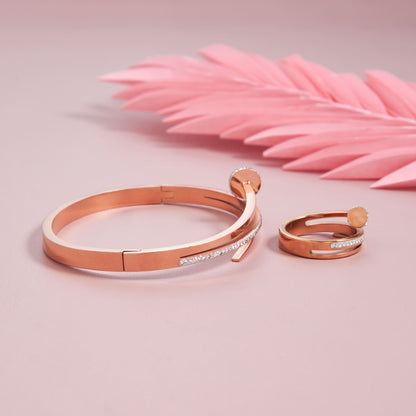 Rosegold Nail Studded Bracelet With Ring Combo For Girls And Women