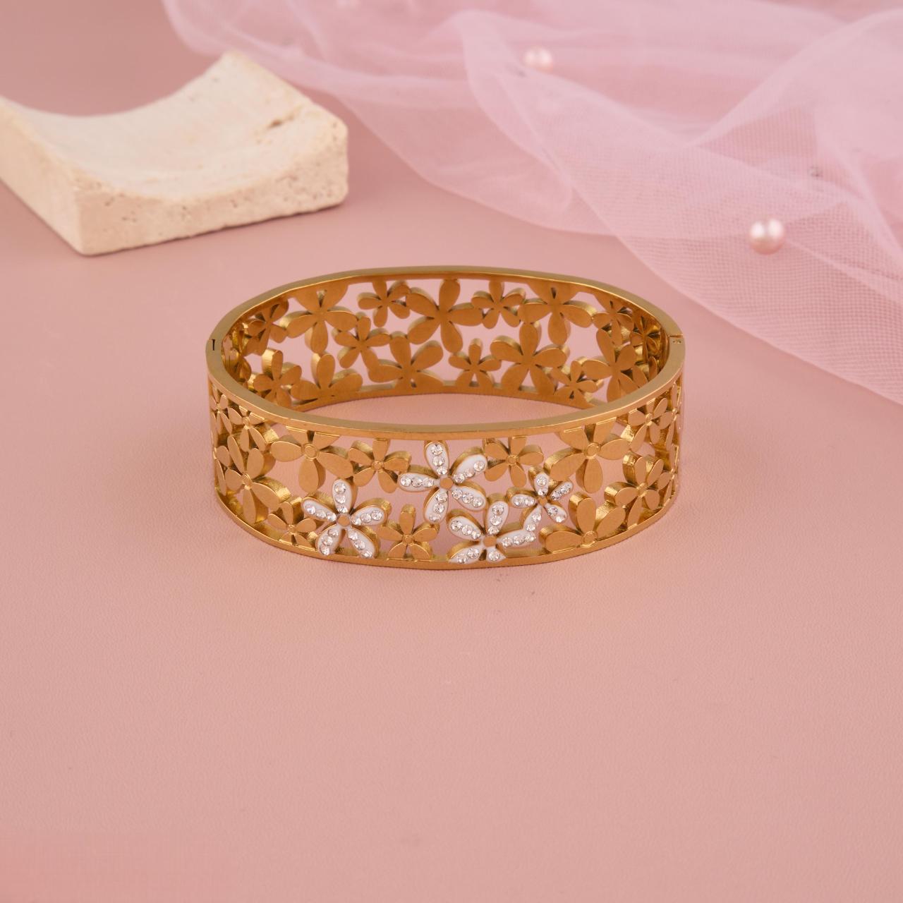 Gold Floral Cut-Out Bangle with Gemstone Detailing