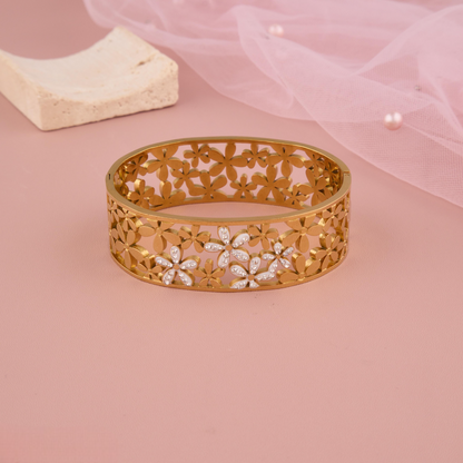 Gold Floral Cut-Out Bangle with Gemstone Detailing