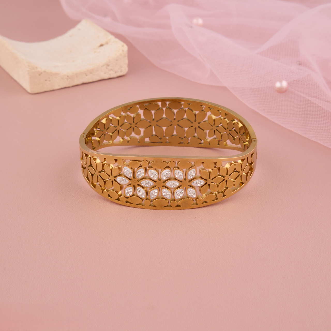 Elegant Gold Floral Cut-Out Bangle with Stone Embellishments