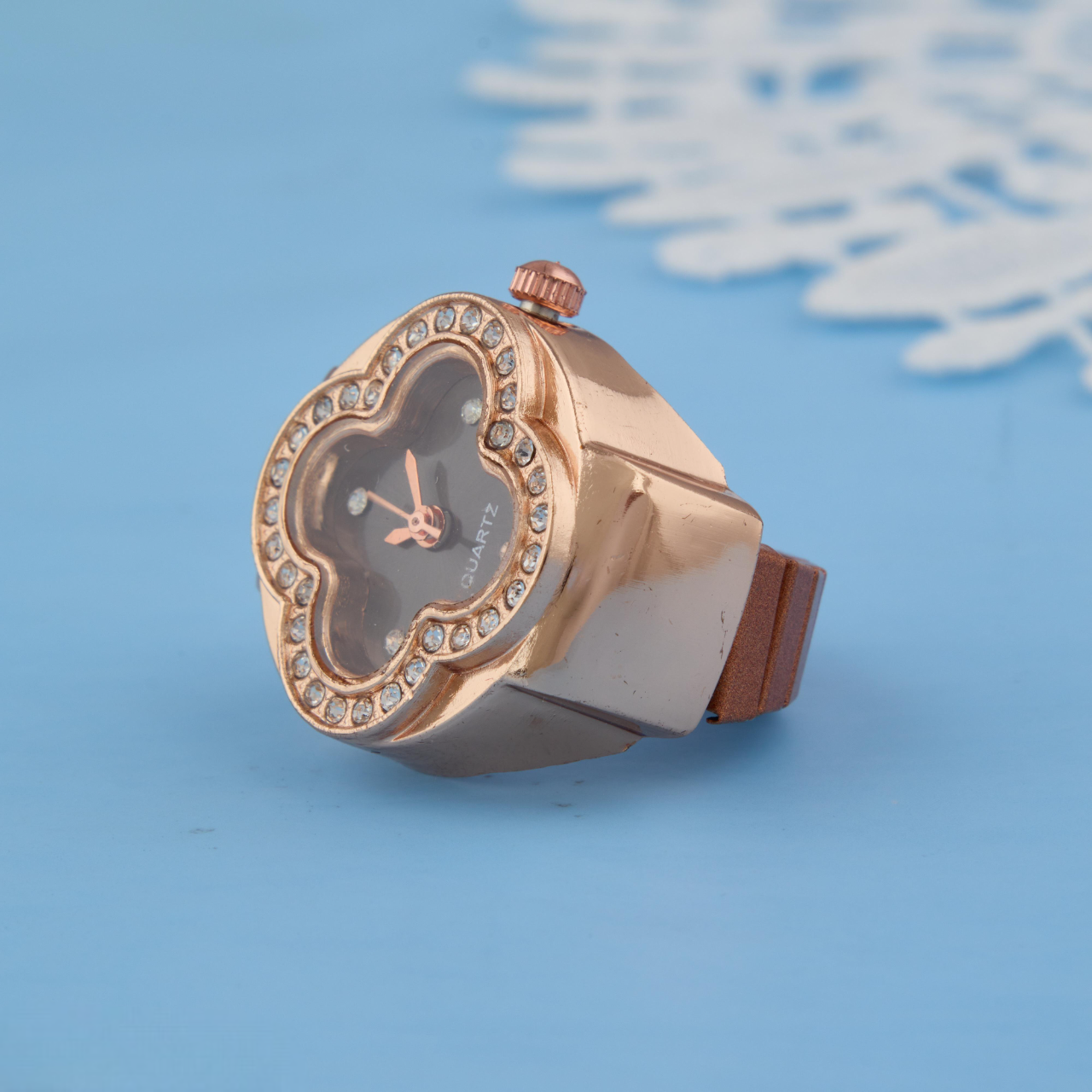 Elegant Rose Gold Ring Watch with Crystal Accents