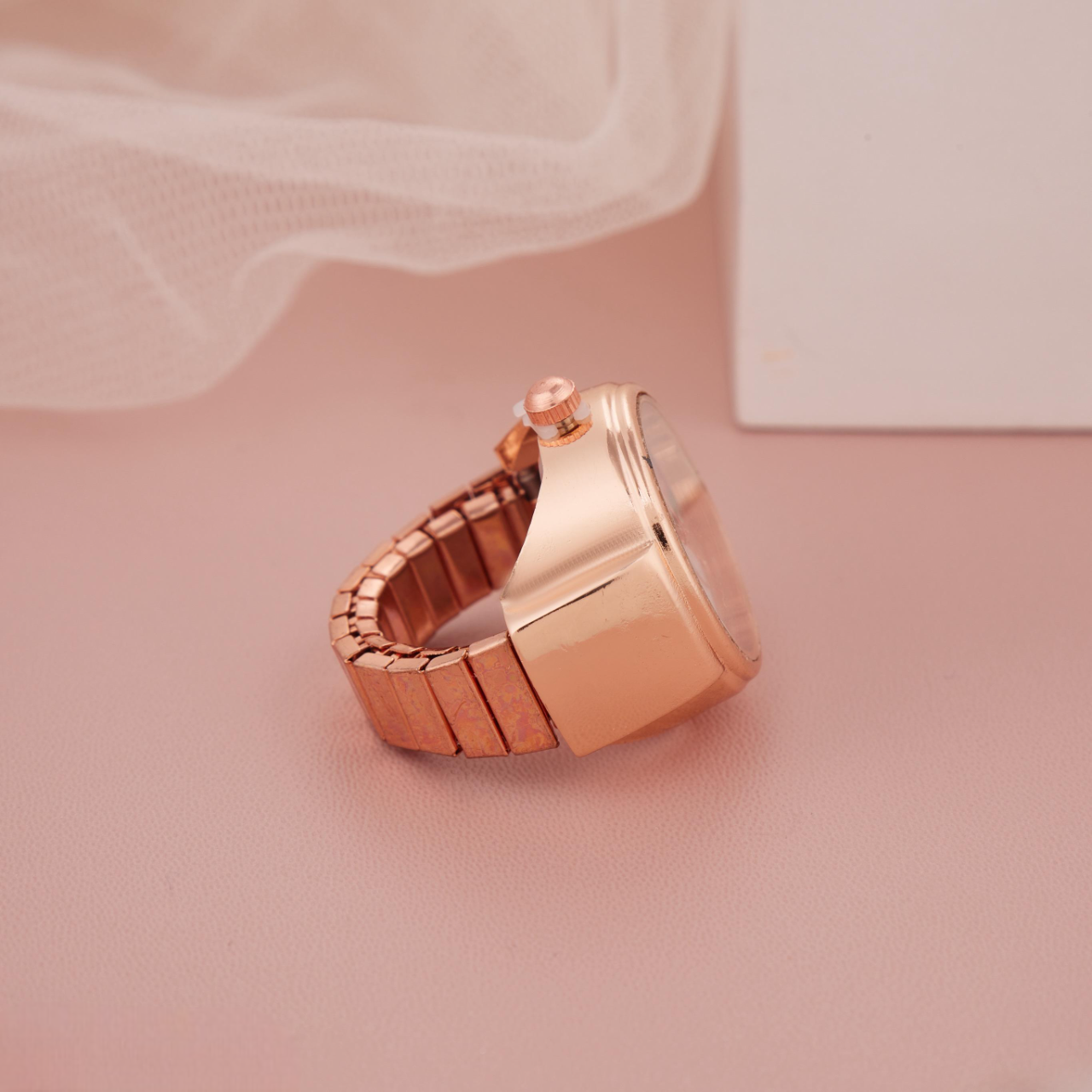 Rose Gold Round Ring Watch with White Dial & Red-Green Stripe Design