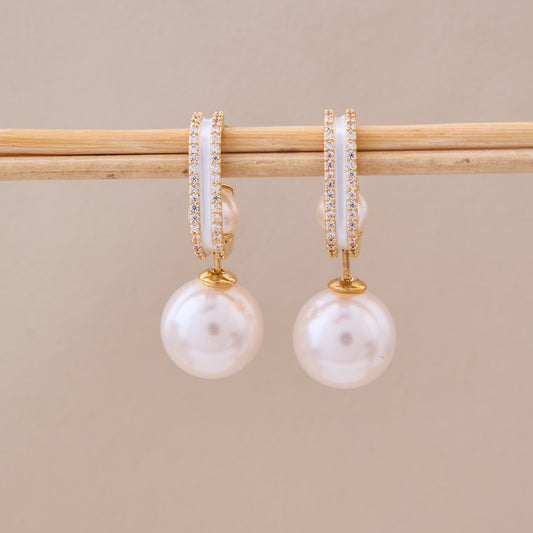 Gold Pearl Drop Hoop Earrings