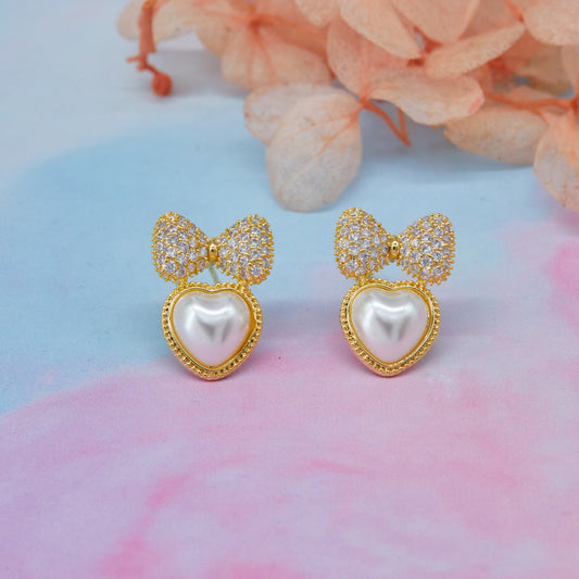 Gold Earrings with Pearls, Bows & Floral Elegance