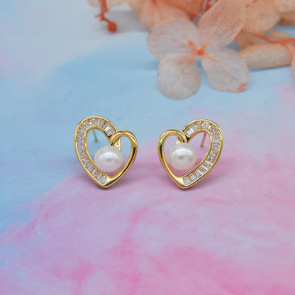 Gold Heart Earrings with Pearls Elegant & Stylish Bling
