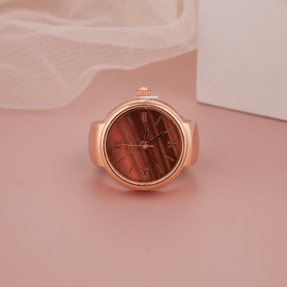 Rose Gold Ring Watch with Brown Roman Dial For Women