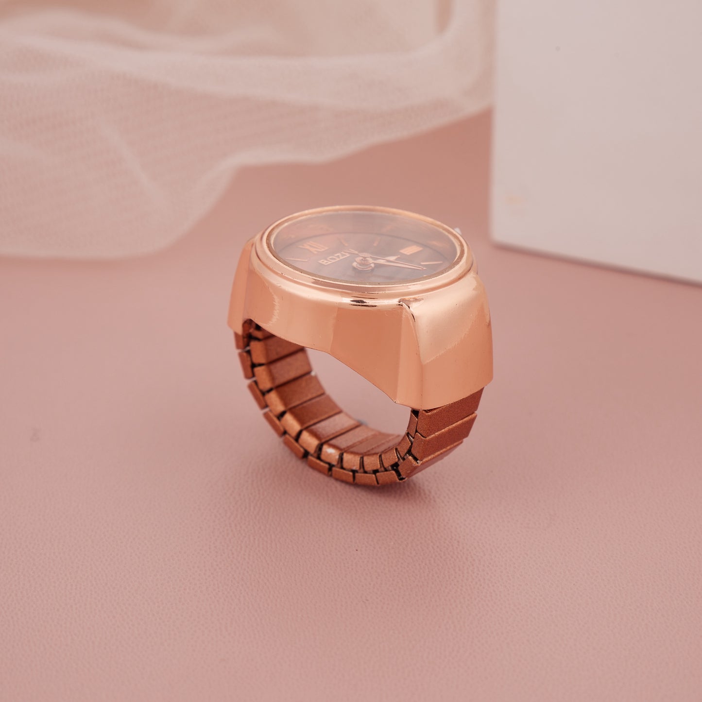 Rose Gold Ring Watch with Brown Roman Dial For Women