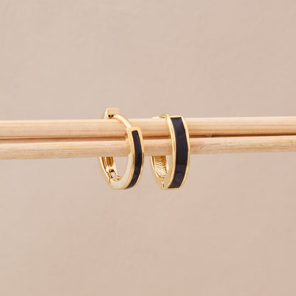 Gold Black Enamel Hoop Earrings