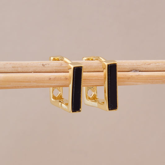 Gold Black Enamel Square Hoop Earrings